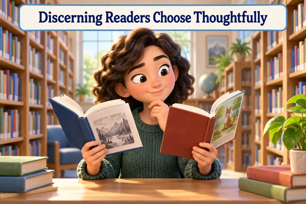 A reader compares two books thoughtfully in a library, illustrating a discerning reader.
