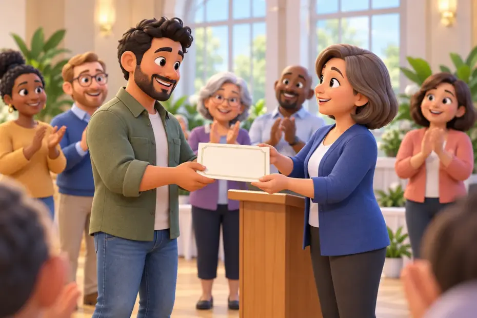 A volunteer receives acknowledgment from an organizer.