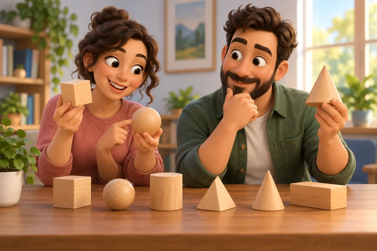 Adults compare shapes during an identification activity.