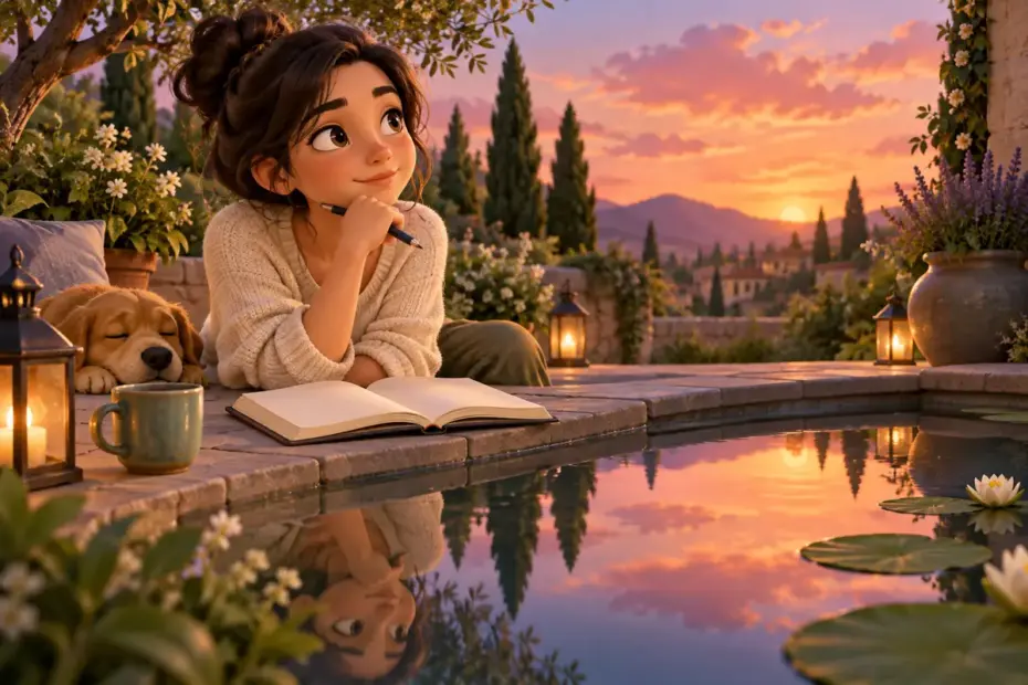 A writer pauses over a journal beside a still pool that reflects the evening sky.