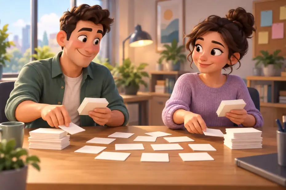 Two coworkers divide plain task cards across a table.
