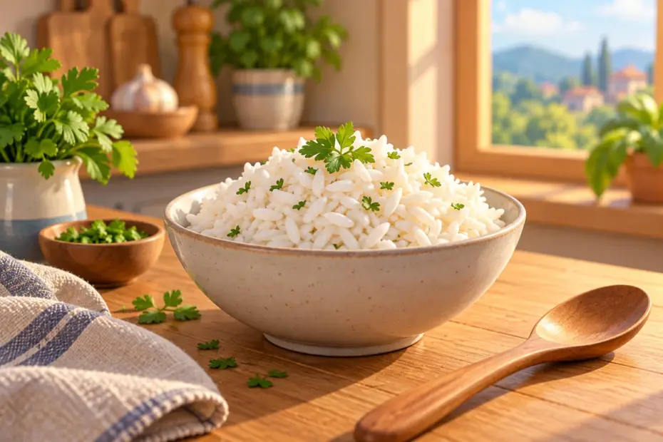 A bowl of separate fluffy rice grains sits beside herbs and a wooden spoon.
