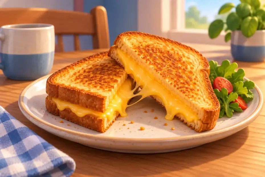 A toasted sandwich with golden bread sits on a ceramic plate.