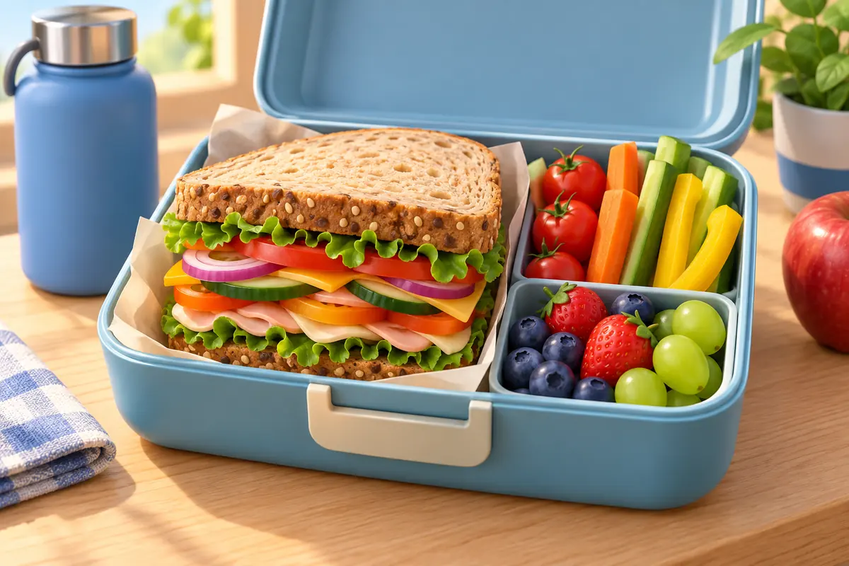 A cold layered sandwich with colorful vegetables is packed in a lunchbox.