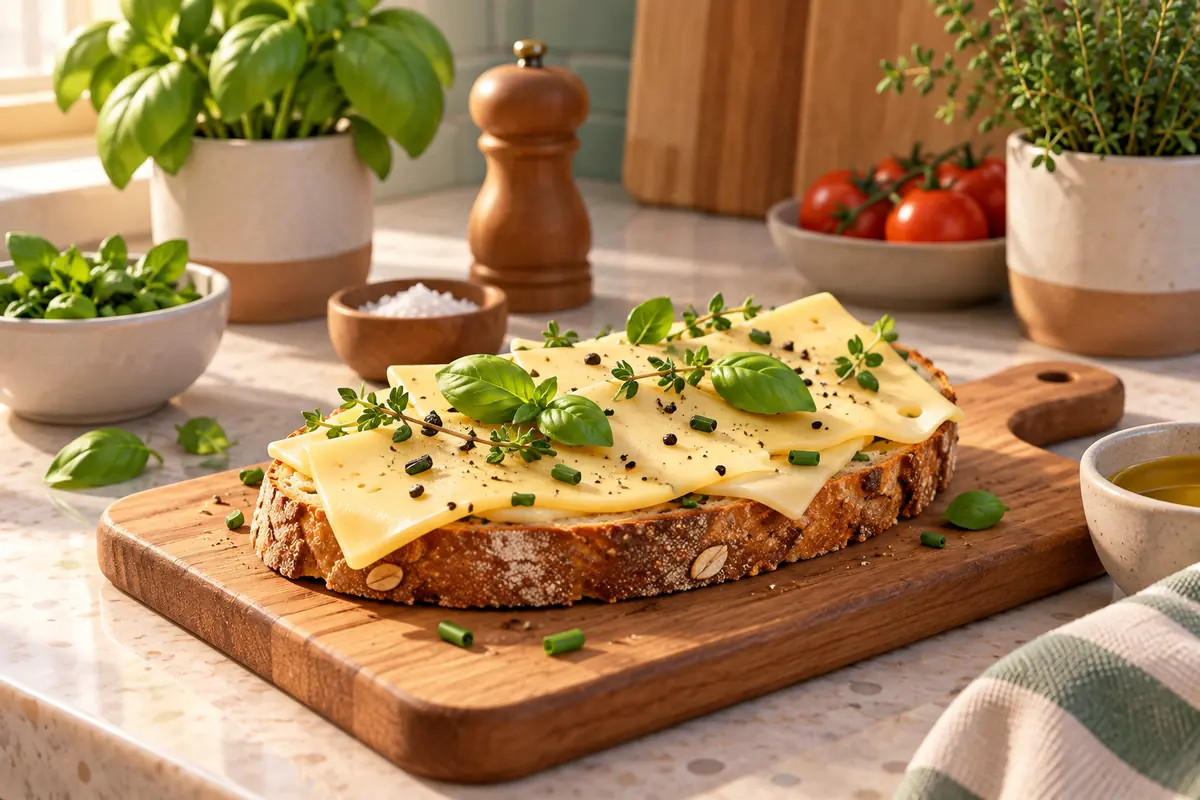 An open-faced sandwich is topped with cheese and herbs on a kitchen counter.