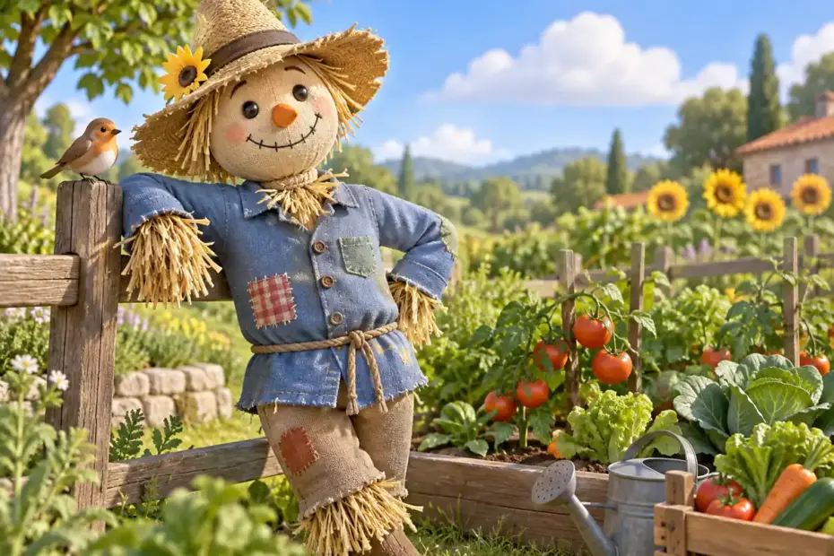 A friendly scarecrow in a patched shirt and floppy hat stands by a garden.