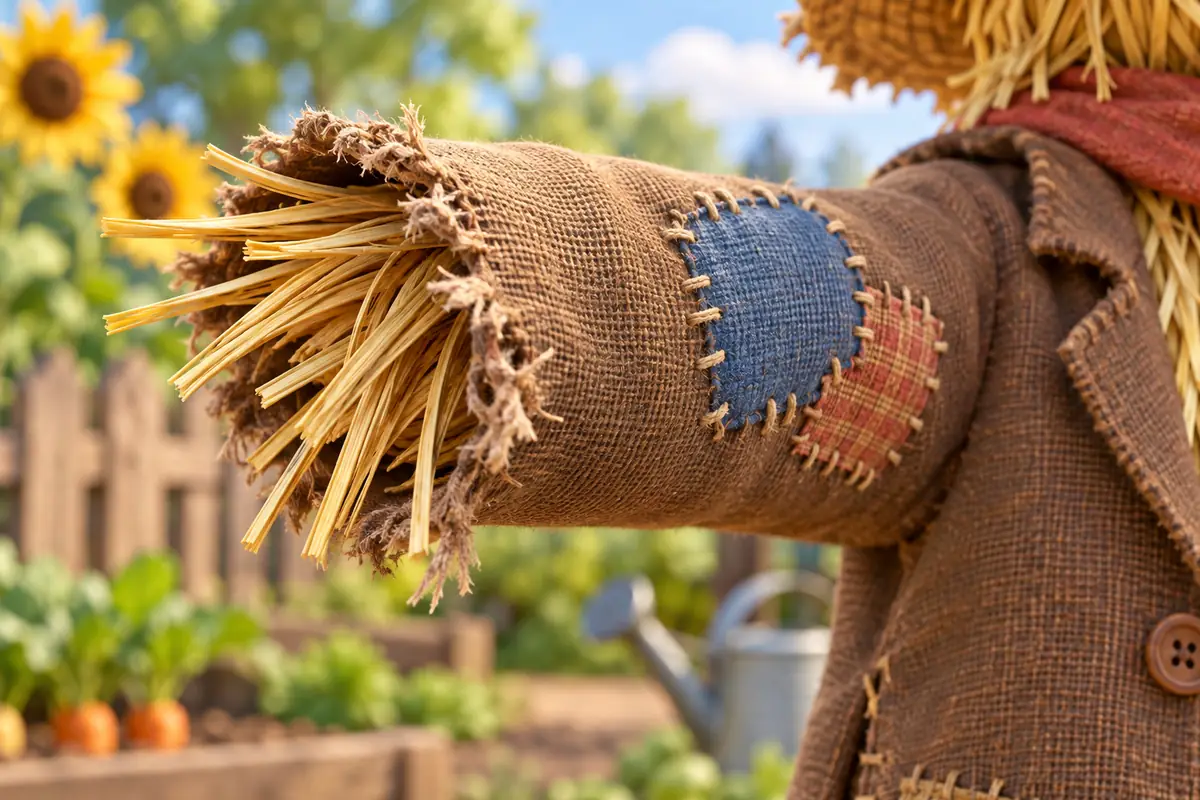 A close view shows a scarecrow’s patched cuff and straw stuffing.