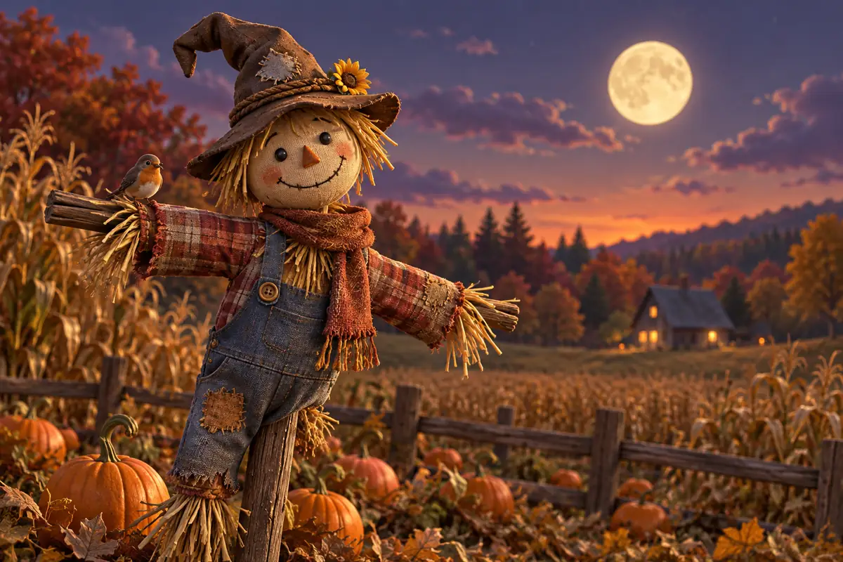 A crooked scarecrow stands in a dusky field beneath autumn trees.