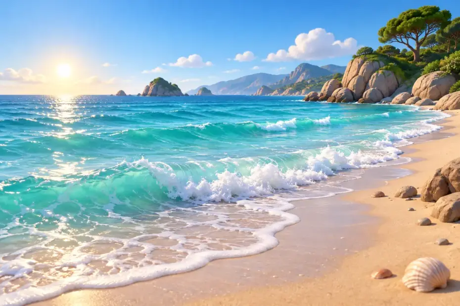 Turquoise waves break on a sandy beach near a red-and-white lighthouse.