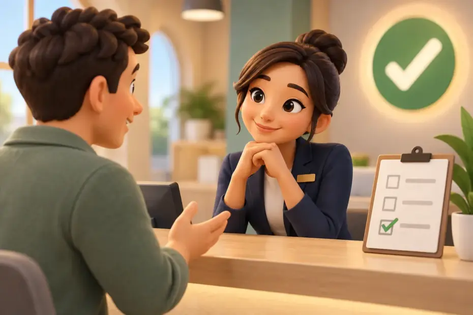 A helpful service representative listens to a customer at a counter with a clear checklist nearby.