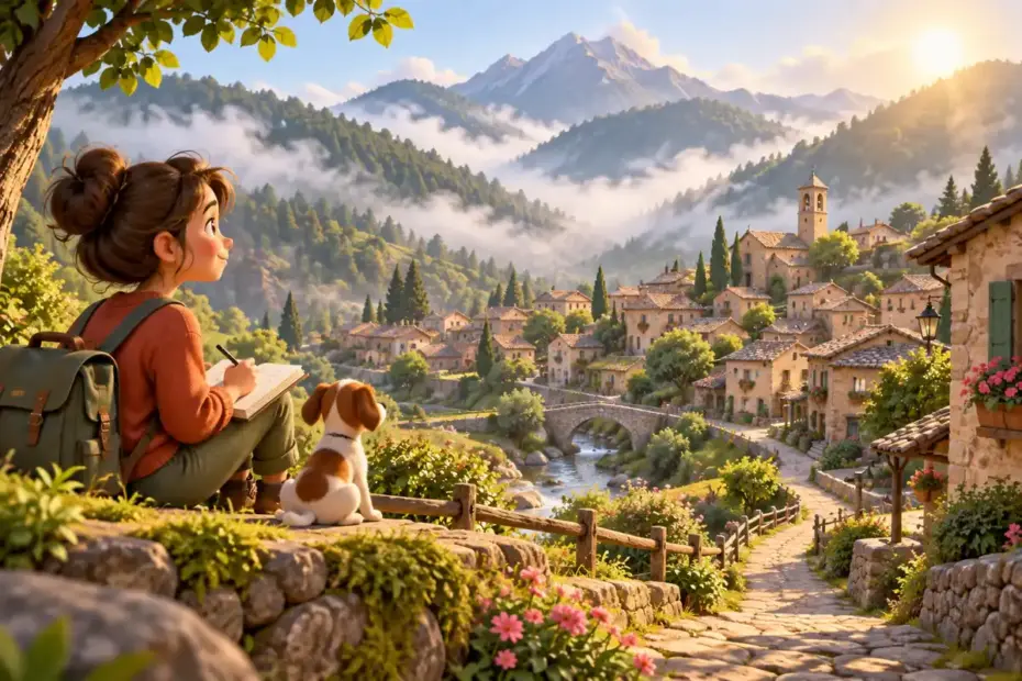 A writer studies a quiet mountain village scene with a sunlit path, misty hills, and clustered homes.
