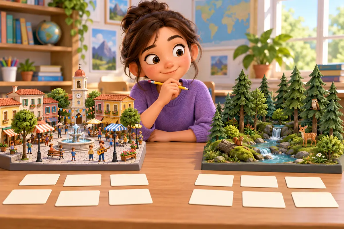 A student writer compares adjective cards beside two contrasting miniature settings, a lively plaza and a quiet forest.