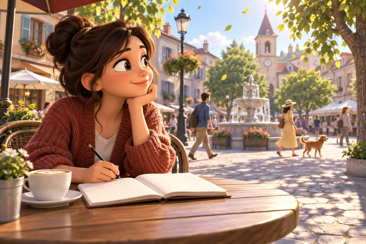 A writer revises a descriptive paragraph after noticing the light, sounds, and weather in a small town square.