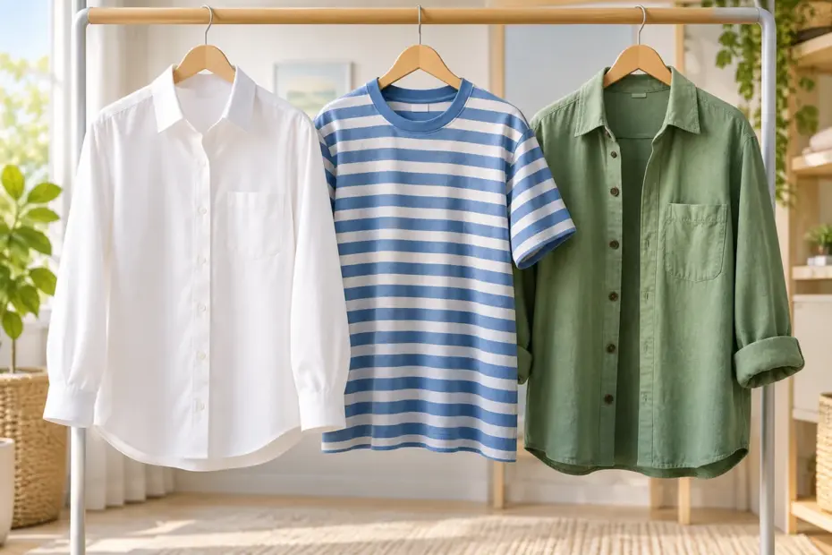 Three clean 3D shirts show different styles: a crisp white button-front shirt, a blue striped T-shirt, and a relaxed green overshirt.