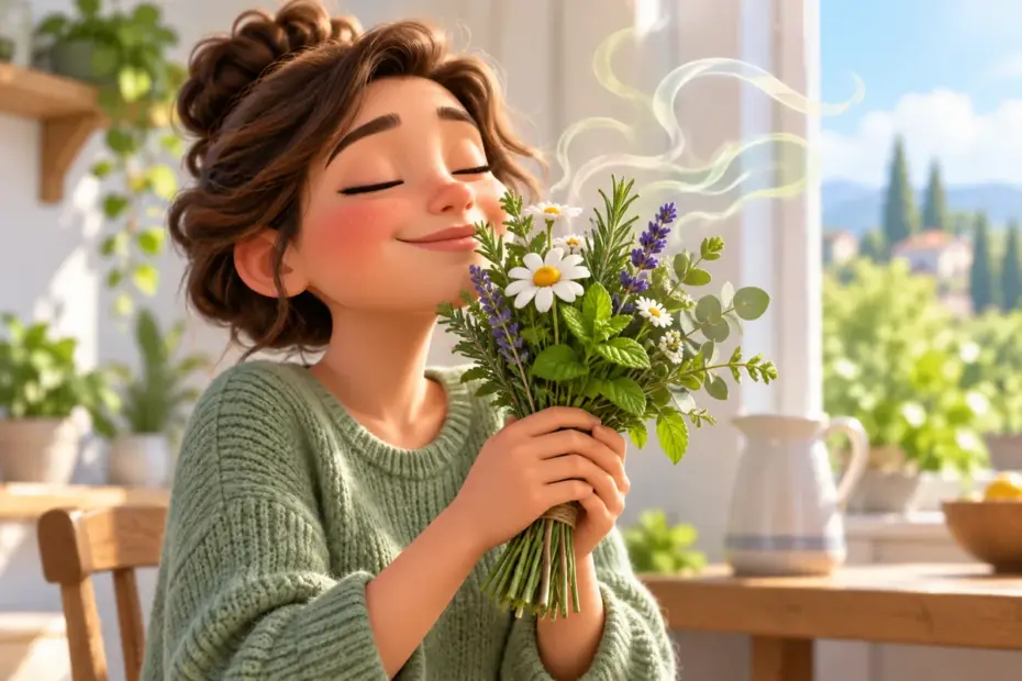 A person enjoys the fragrant aroma of fresh flowers and herbs.