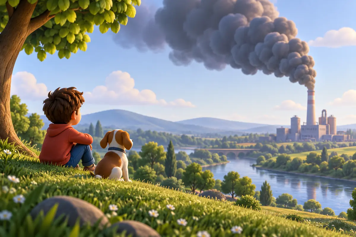 A dark plume of smoke rises above a distant factory chimney against a pale sky.