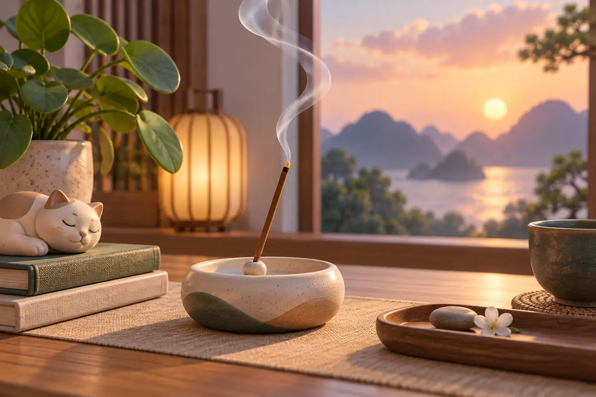 A soft ribbon of aromatic smoke rises from incense in a ceramic holder on a calm table.