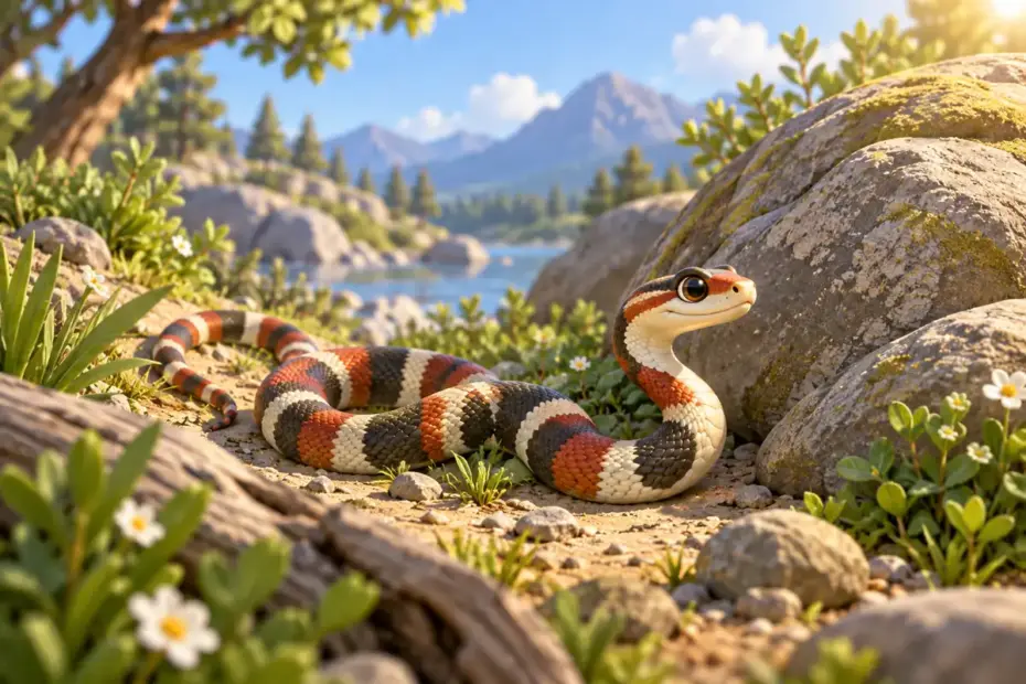 A slender banded snake rests beside a sunlit rock in a natural habitat.