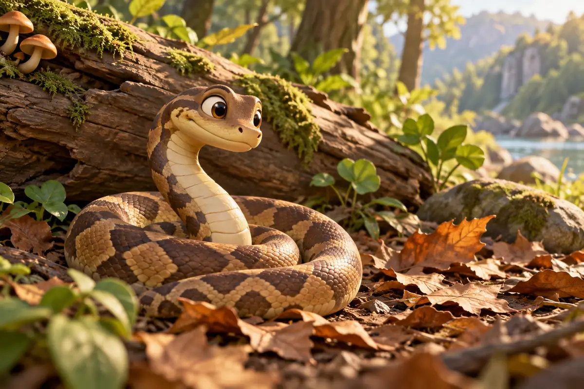 A snake coils calmly near a fallen log among leaves.
