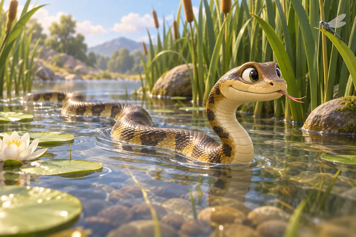 An aquatic snake moves through shallow water beside reeds.