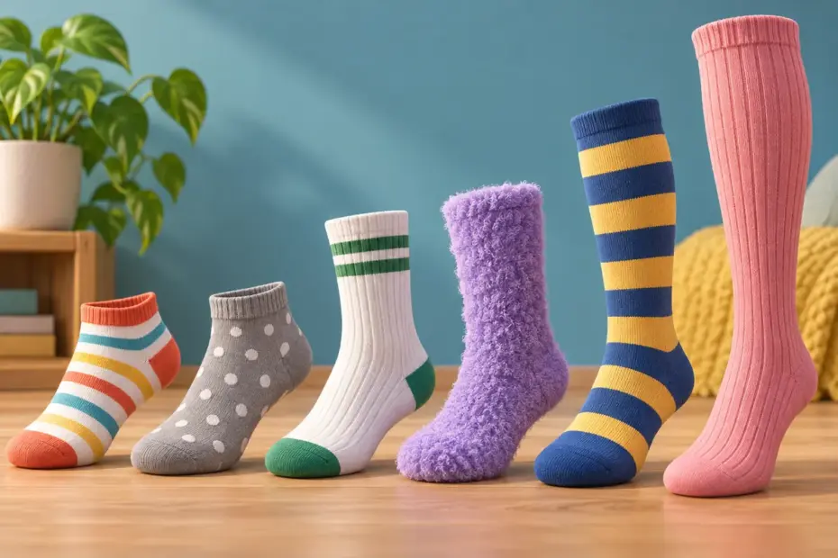 Colorful striped, dotted, fuzzy, and solid socks are arranged to show differences in look and texture.