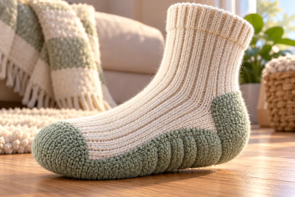 A close view of a plush cushioned sock with a visible ribbed knit texture and soft rounded fibers.