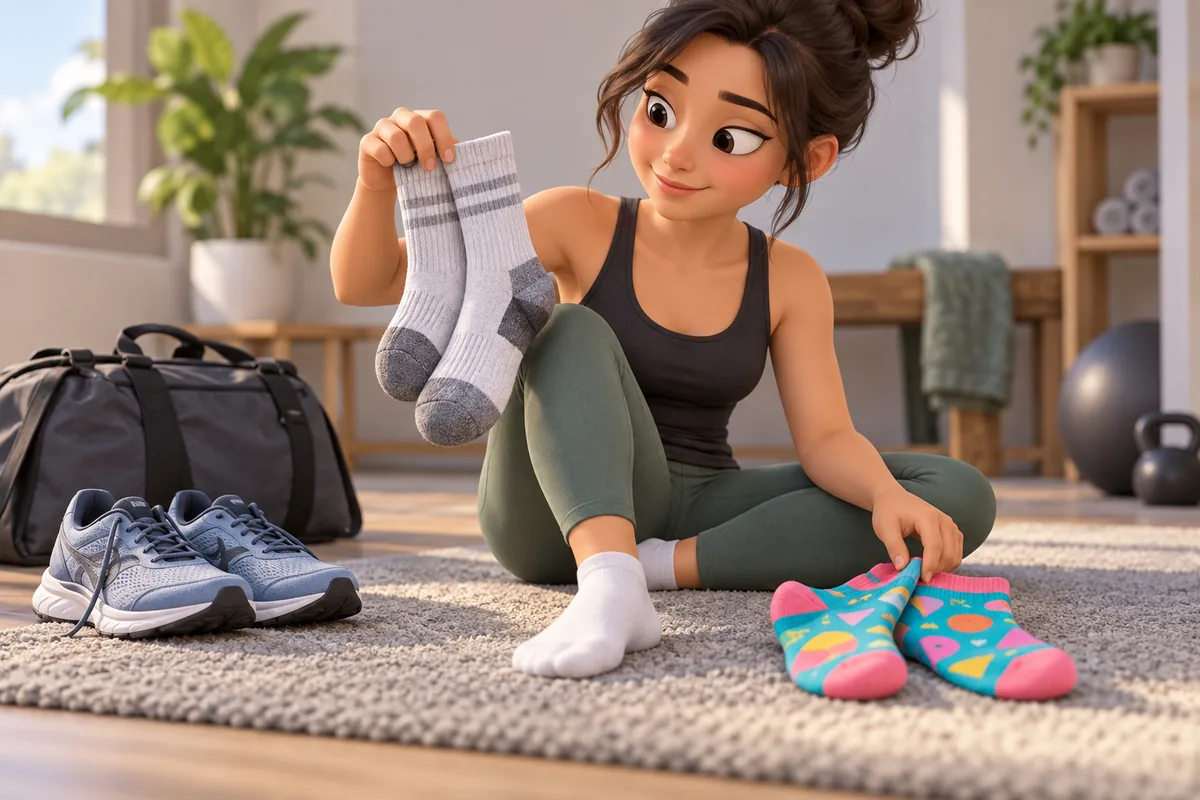 A person chooses a pair of cushioned athletic socks beside running shoes and a simple gym bag.