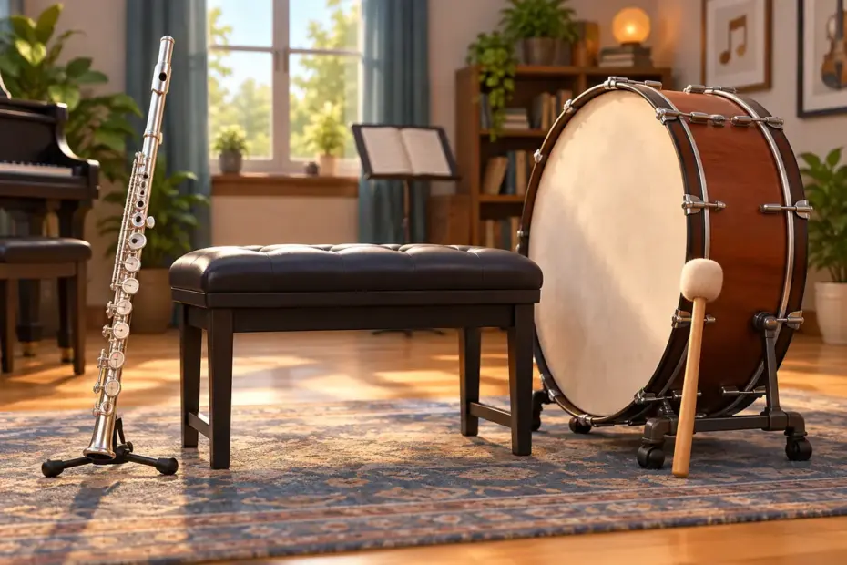 A flute and a large drum stand beside a music-room bench.