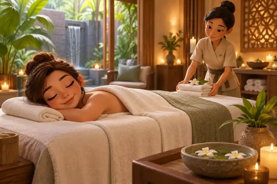 A guest relaxes on a treatment bed in a softly lit spa while an attendant prepares towels.