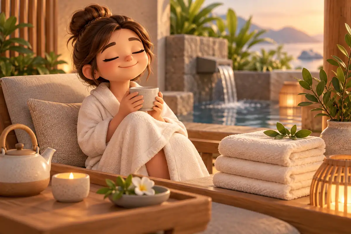A guest pauses with tea beside folded towels and greenery in a calm spa room.