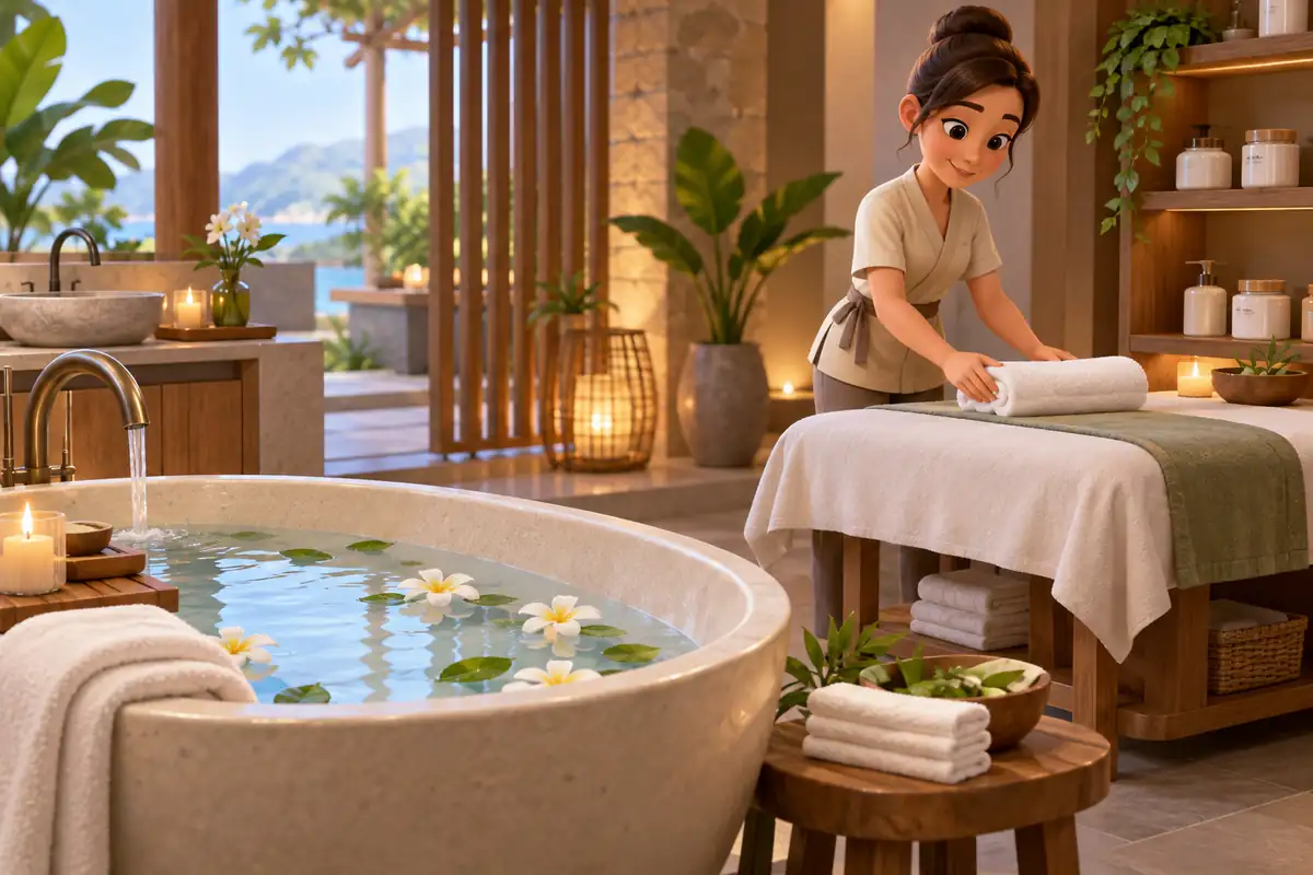 A spa attendant arranges a towel near a soaking tub and neatly stocked treatment table.