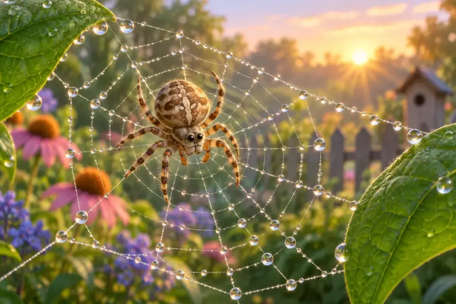 A small garden spider rests on a dew-covered orb web between two leaves at dawn.
