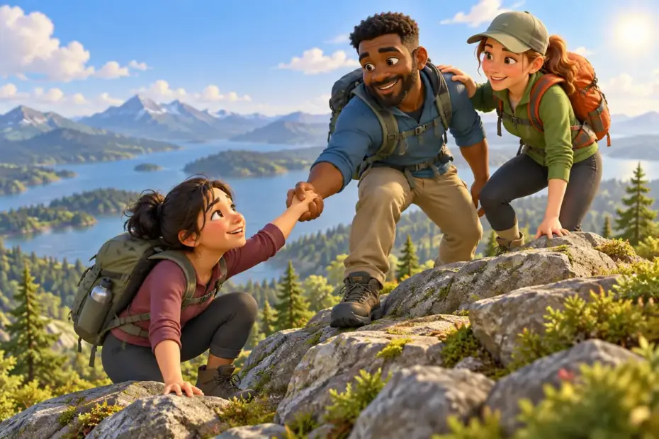 Friends encourage a tired hiker as the group reaches a sunny hilltop together.