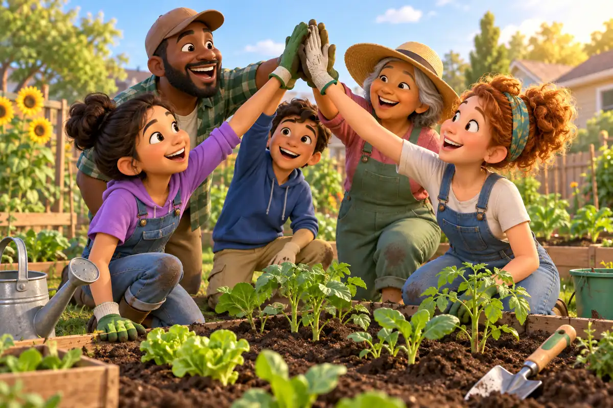 A community garden group celebrates together after finishing a demanding day of planting.