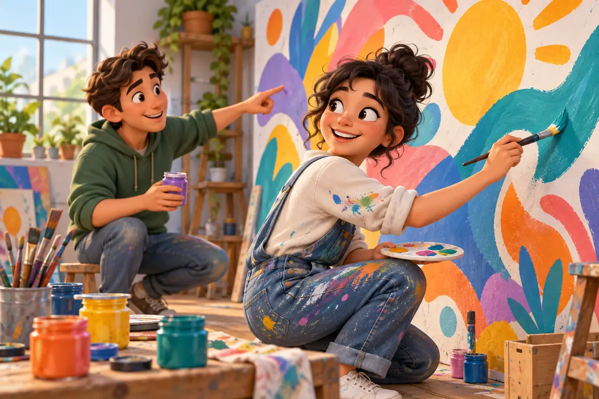 A young artist paints a colorful mural while a friend offers encouragement and fresh ideas.