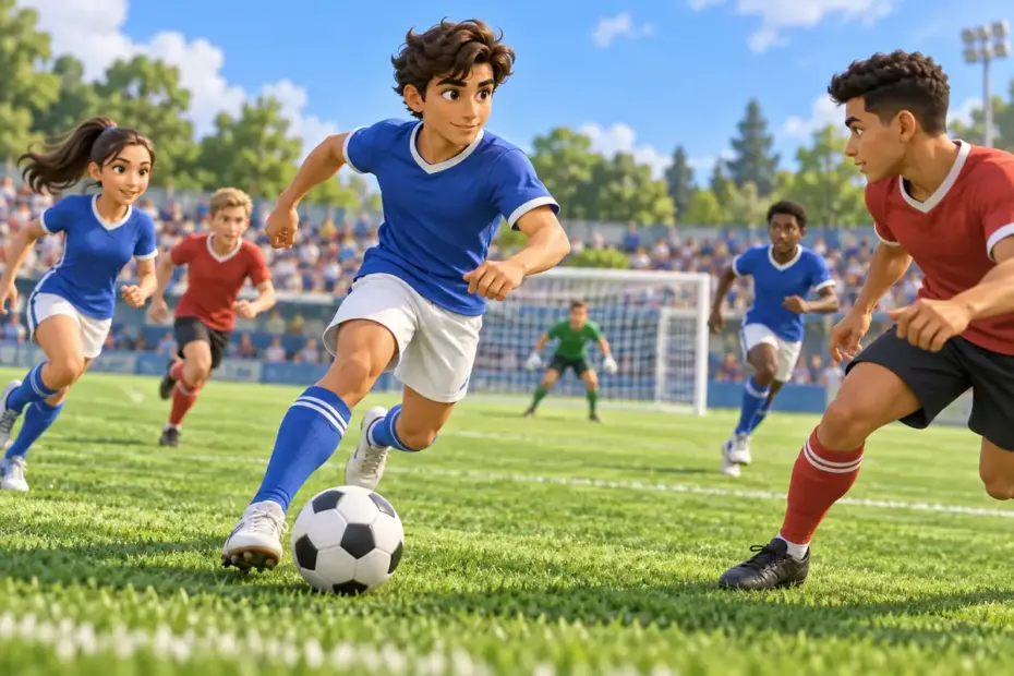 Players move into position during a soccer match as one player controls the ball, illustrating fast-paced team sport action.