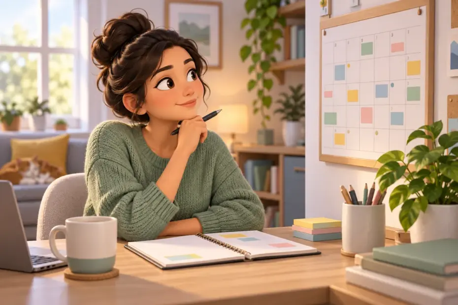 A person looks over a busy calendar and notebook at a tidy desk while pausing to organize the next steps.