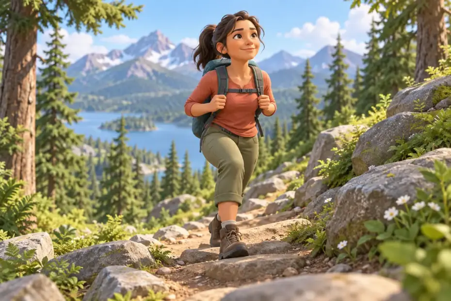 A determined hiker carries a small backpack up a steady forest trail.