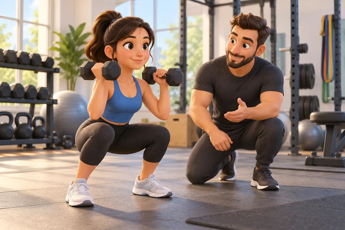 A muscular athlete practices a controlled lift with a coach nearby.