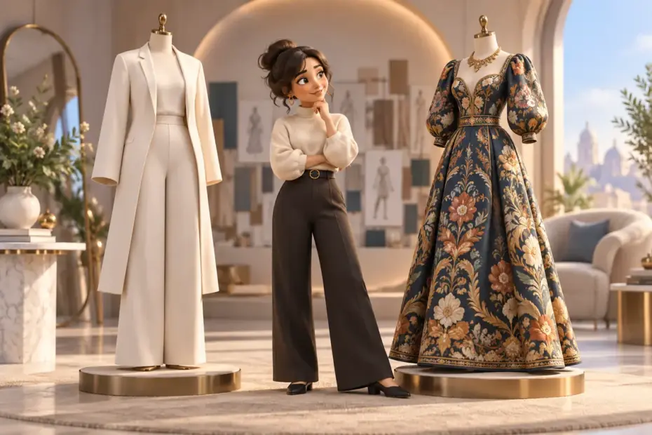 A designer compares a minimalist outfit with an ornate patterned outfit on mannequins.