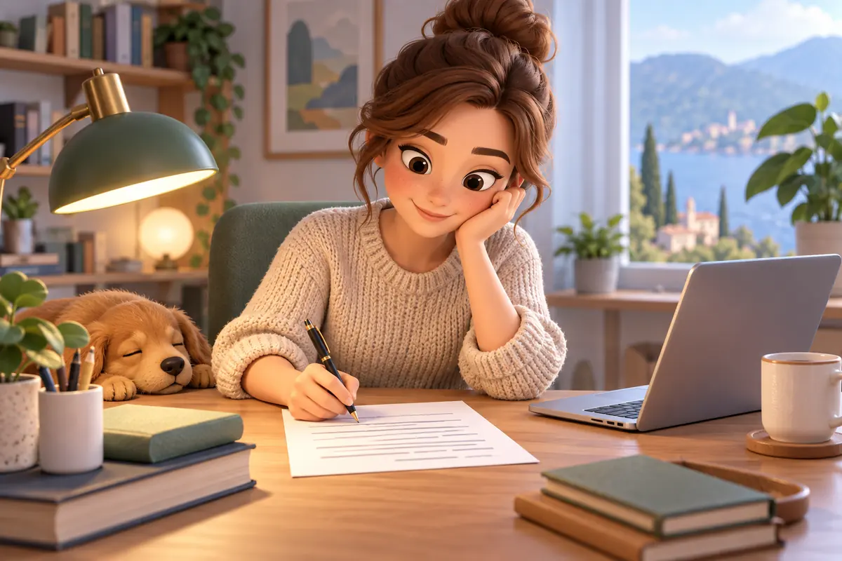 A writer prepares a document at a desk.