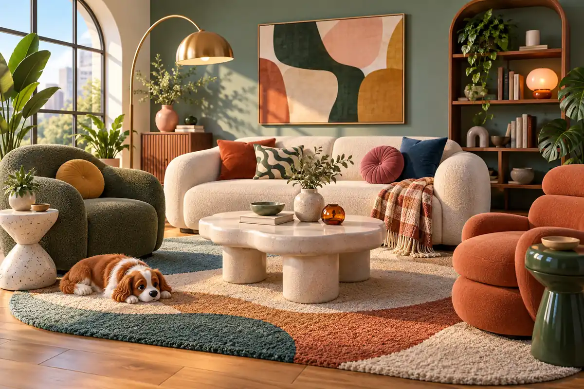 An eclectic living room combines different furniture forms and colors.