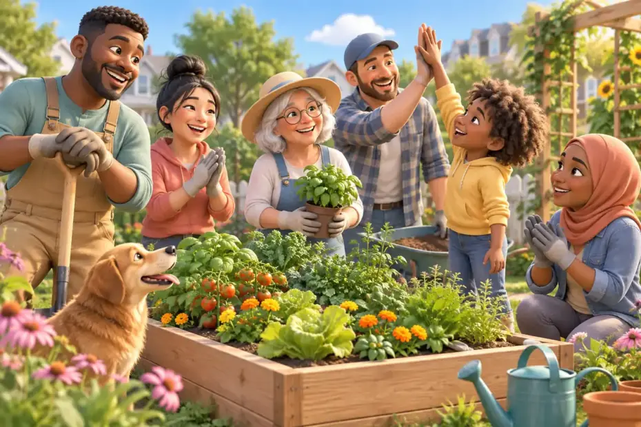 A diverse group of neighbors celebrates a completed community garden project together.