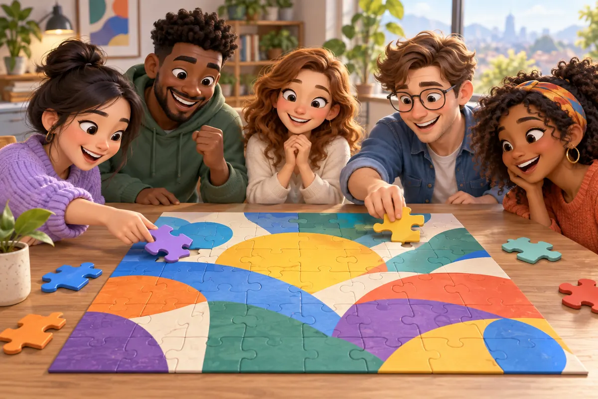 Several friends fit the final colorful pieces into a large shared puzzle and smile at their completed work.