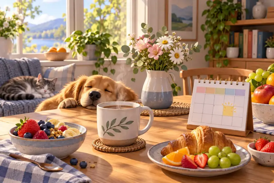 A relaxed Sunday breakfast table sits beside a sunny window and an unmarked weekly calendar.