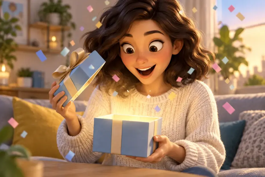 A person smiles in delighted surprise while opening a small gift box.