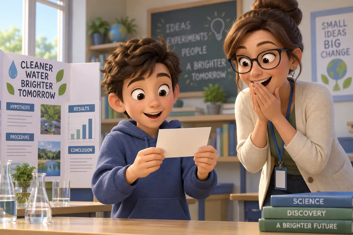 A student and teacher react with amazement to an unexpected science result.