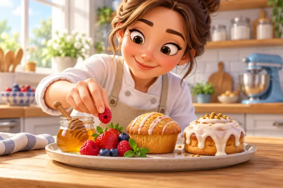 A baker arranges a small tasting plate of honey, ripe berries, and pastries with different levels of sweetness.