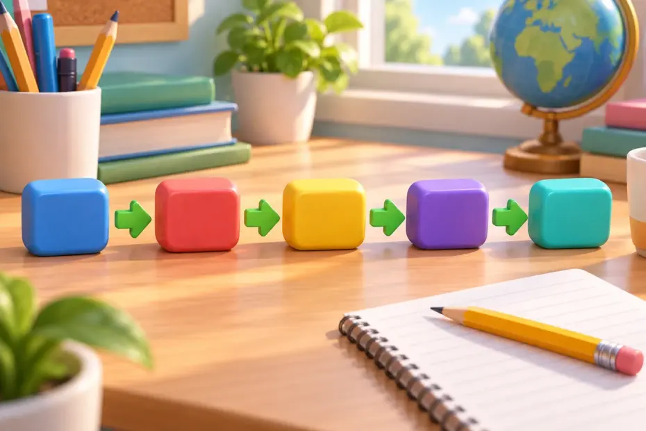 Colorful wordless blocks are arranged into a clear sentence-like sequence on a writing desk.
