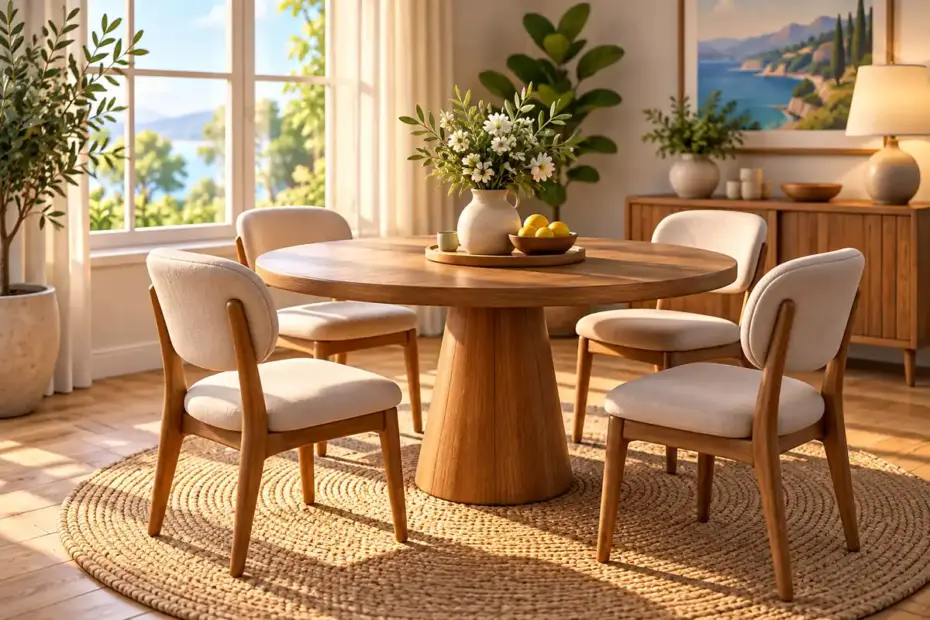 A round wooden table stands in a sunny dining room with four chairs.
